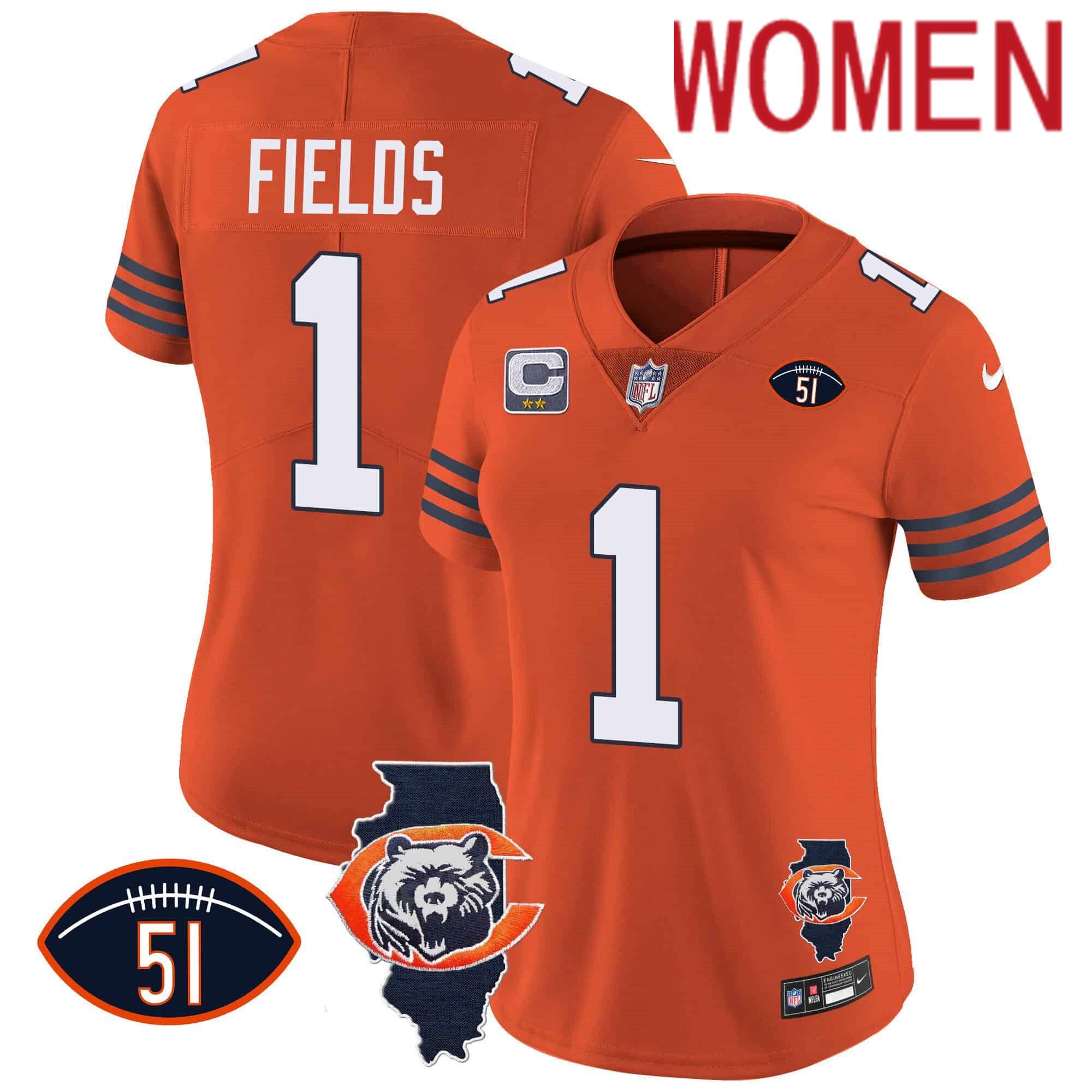 Women Chicago Bears 1 Fields Orange 2024 Nike Throwback Illinois Patch Vapor NFL Jersey